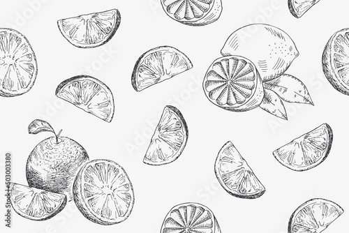 Seamless pattern with citrus - orange, lemon. Vintage vector