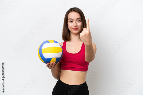 Young Ukrainian woman playing volleyball isolated on white background doing coming gesture