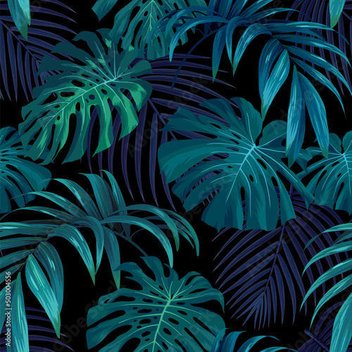Seamless hand drawn tropical vector pattern with monstera palm leaves on dark background.
