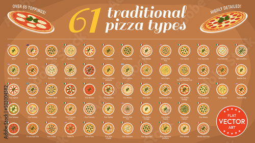 Highly detailed flat vector illustration of a set of 61 traditional pizza types from around the world. Over 65 different toppings. Well organized layers for easier customization.