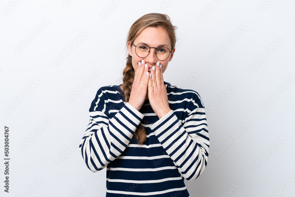 Young caucasian woman isolated on white background happy and smiling covering mouth with hands Young caucasian woman isolated on white background happy and smiling covering mouth with hands