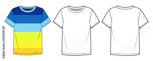 Unisex T-shirt fashion flat design blue and yellow color. T-shirt fashion flat technical drawing template with short sleeve, crew neck, front and back views, white color.