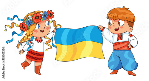 Little boy and girl holding the flag of Ukraine. Welcome to the Ukraine. Colorful cartoon characters. Funny vector illustration. Isolated on white background