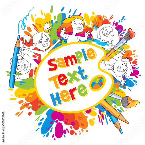 Black and white drawings of children on a background of colored splashes of paint. Coloring book cover concept art. Colorful cartoon characters. Funny vector illustration. Isolated on white background