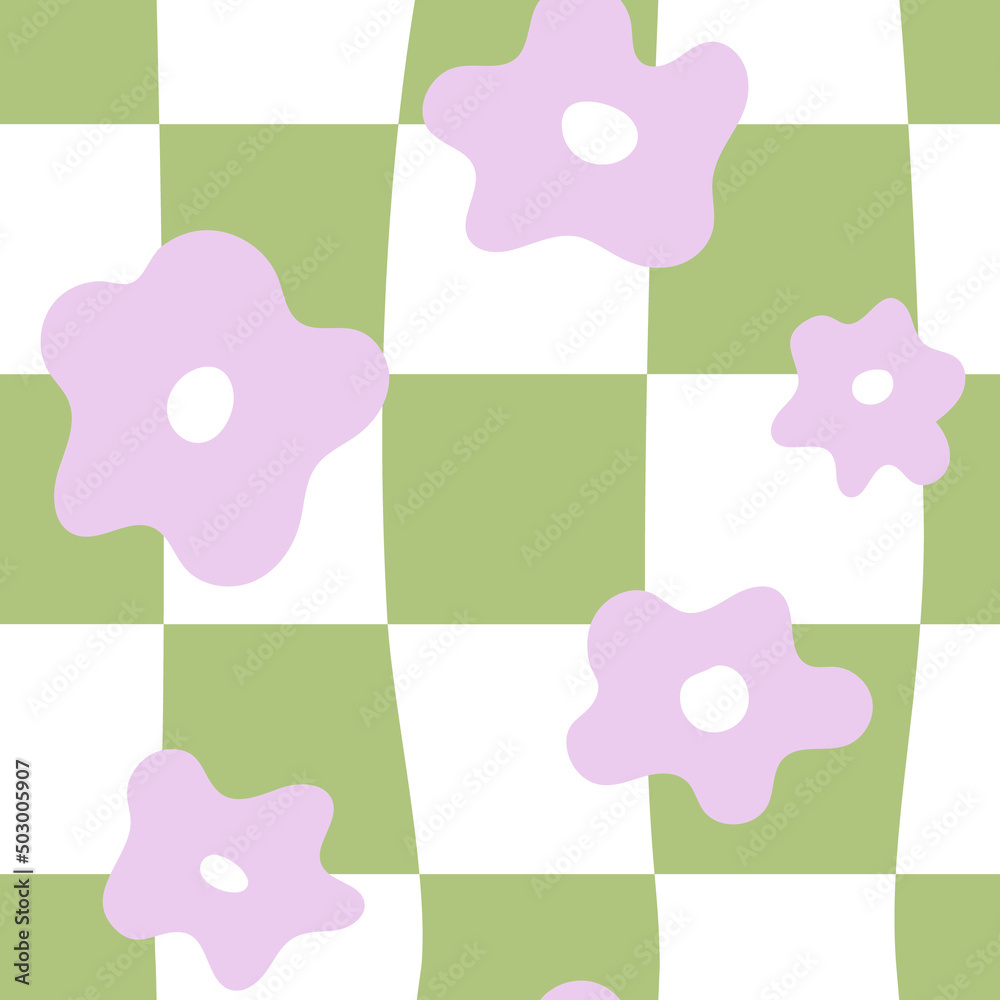 Distorted Cage Pattern Vector Cute daisy flowers on the distorted cage background. Groovy vector ...