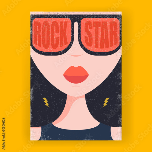 Modern cover with Abstract rock star girl with sunglasses. Stylish and fashion female avatar. Rock n roll party poster design template with woman