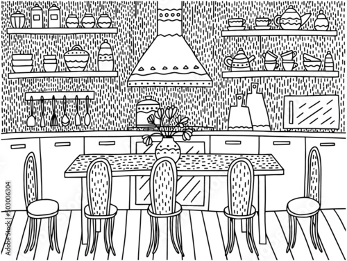 Kitchen interior coloring page. Cute coloring page with cozy kitchen and dining table.