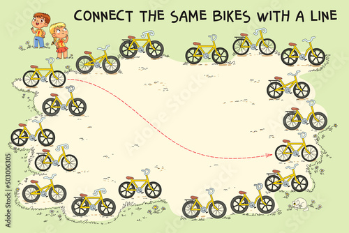 Find matches. Connect the same bikes with a line. Match the same items with the path. Children puzzle. Funny vector illustration