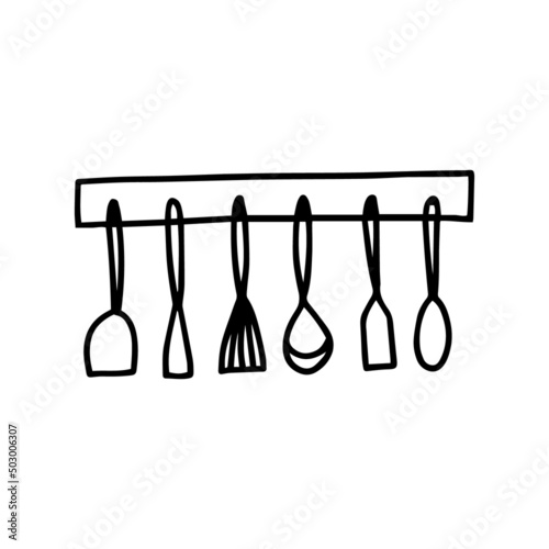 Hanging kitchen utensils doodle illustration. Vector kitchen tools.