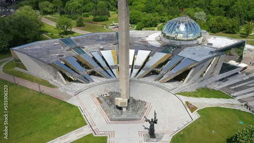 Outdoor view of Stela, Minsk Hero city Obelisk, Belarusian State Museum of the History of the Great Patriotic War. The Stela “Minsk is a hero city”. Drone View. Bird's Eye View