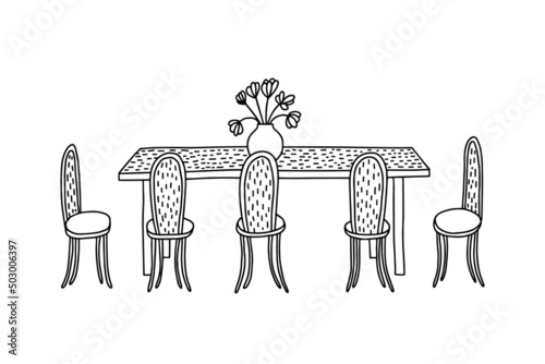 Dining table and chairs doodle illustration. Cozy kitchen interior illustration