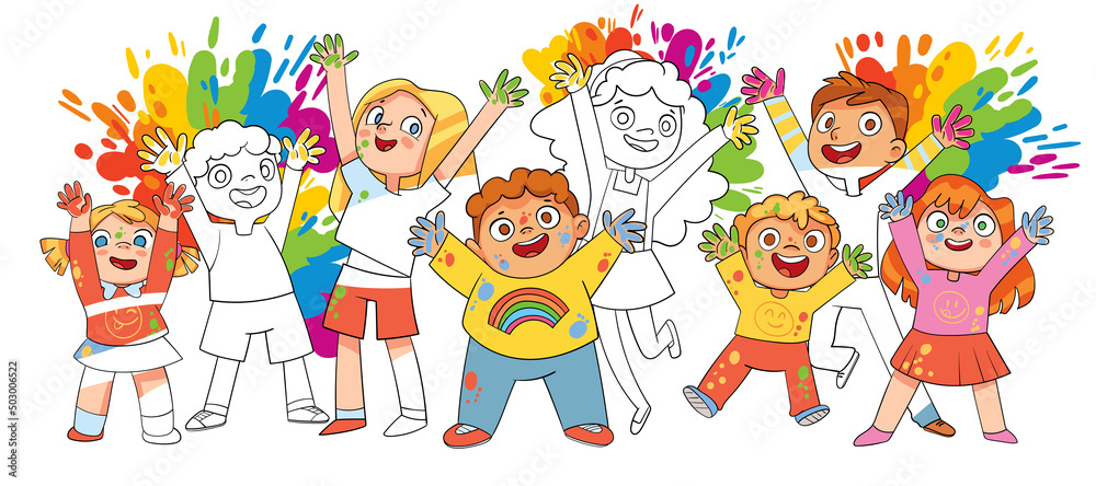 Black and white images magically turn into color. Children jumping from colorful paint fireworks in the background. Concept art for a coloring book. Funny cartoon characters. Vector illustration