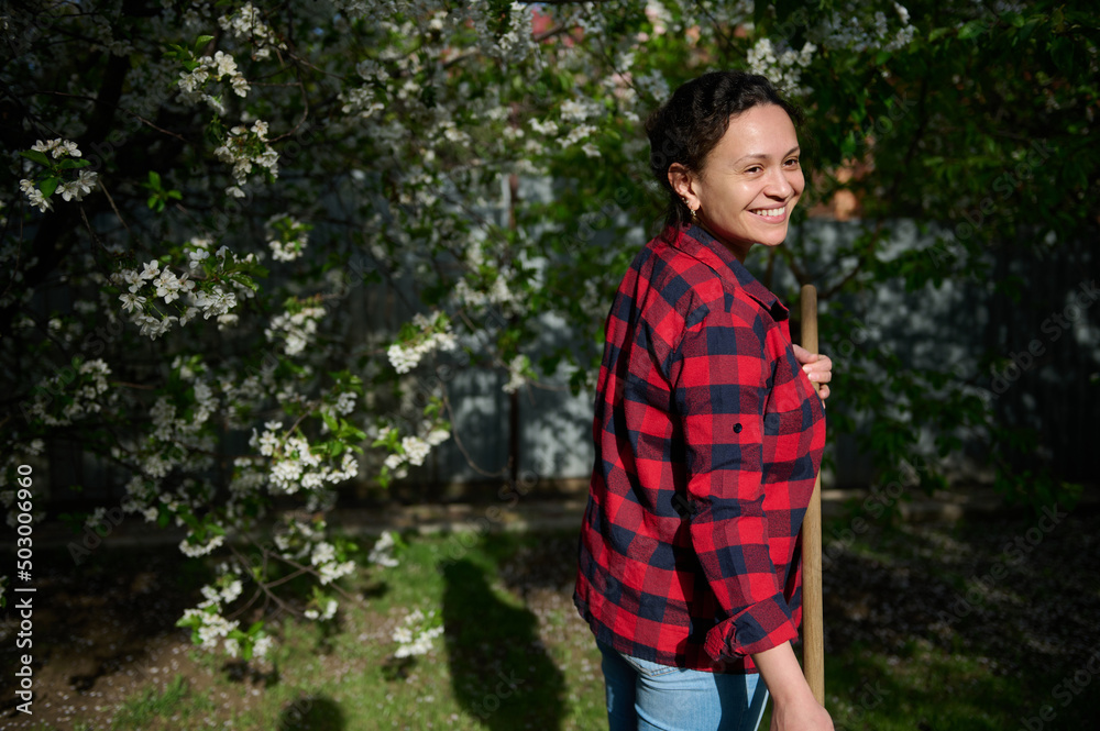 Fototapeta premium Charming middle-aged woman housewife gardener cleaning the local area and raking grass against blossoming fruit tree background on a sunny spring day