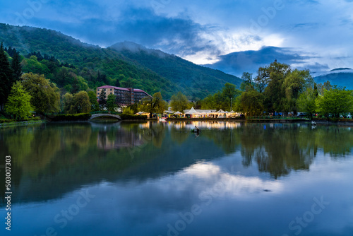 View of the beautiful Dilijan's artificial lake on a late evening with mountains and sky reflection in the lake