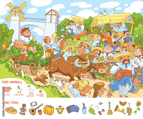 Find animals and find hidden objects in the picture. Festival in ethnic Slavic style. Ukrainian Country Fair. Funny cartoon characters. Colorful vector illustration