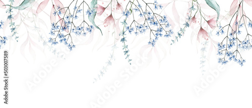 Fotografiet Watercolor painted floral seamless border on white background