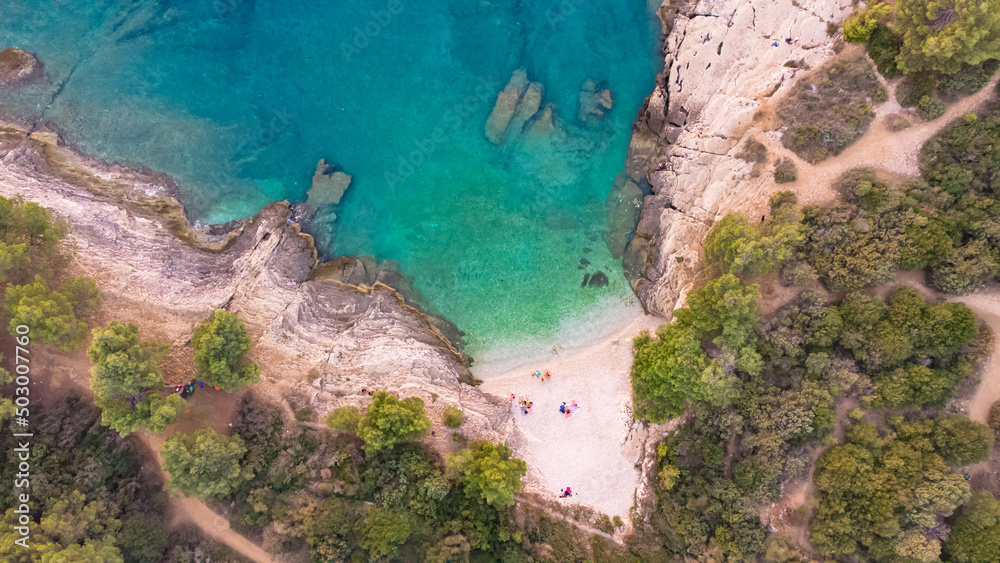 High aerial drone view of Adriatic sea scape at summertime seaso