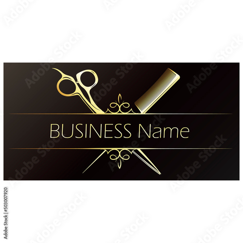 Hairstyle salon business card concept. Golden scissors and comb on black