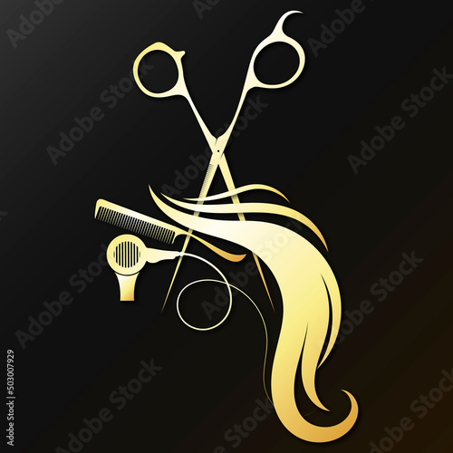 Scissors comb hair dryer and curls hair. Golden symbol for beauty salon and hair stylist