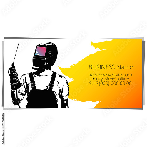 Welder in mask and fire flame. Welder worker business card