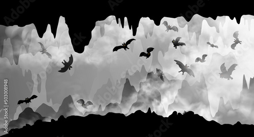 Mysterious underground cave whith flying bats black and white simple silhouette vector illustration. The cavern inside the realistic fog clouds with rocks, stalactites and stalagmites background