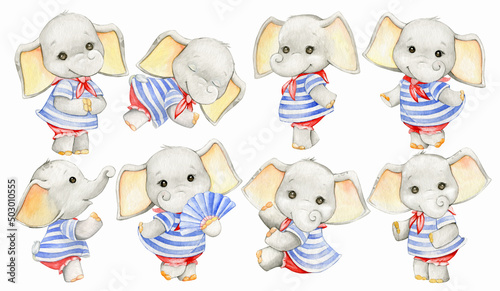 A baby elephant  dressed as a sailor  watercolor animal in cartoon style  on an isolated background.