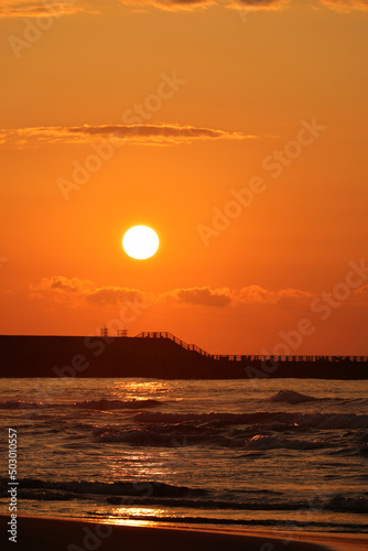 Sunset over the sea seen from the Uchinada coast in Ishikawa prefecture  Japan