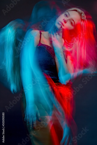 A thoughtful girl fantasizes. Multi-exposure.