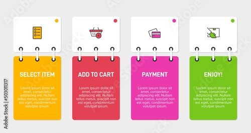 Concept of shopping process with 4 successive steps. Four colorful graphic elements. Timeline design for brochure, presentation, web site. Infographic design layout.