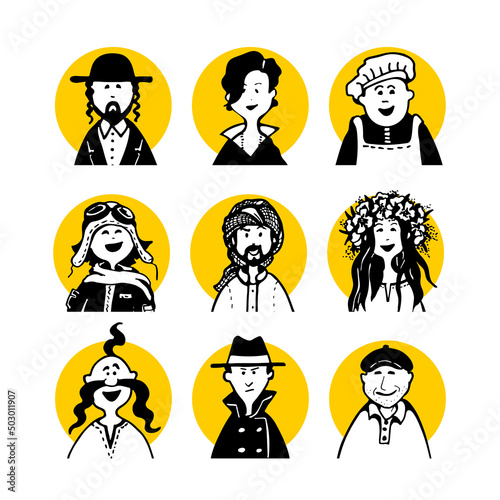 Collection 07 of comic peoples faces and characters in doodle style for monochrome avatars and black-white pictograms and set social media icons and portraits for articles or blog