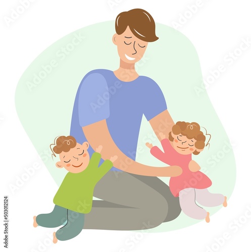 Caring father plays with children. Happy family. The upbringing and care of children. Flat style in vector illustration. Isolated faces. Father with son and daughter. Father's day greeting card.