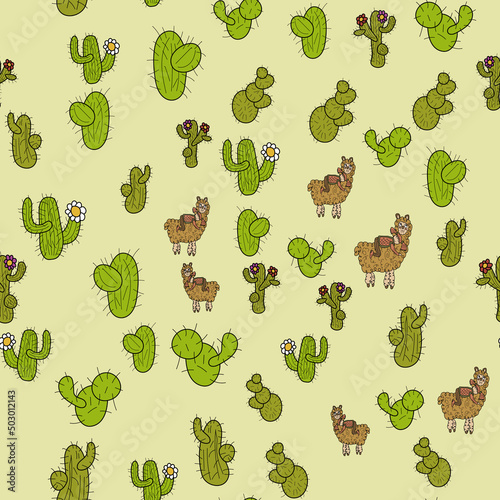 A little girl rides a llama among mountains and cacti. Seamless  pattern.
