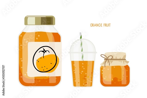 Canned orange fruit. Compote or jam or marmalade in jars, drink in glass, label. Canned fruit. Fruit conservation vector illustration. Farmer Market Branding. Organic food template