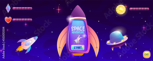 Space game ui main screen with buttons, start and download. Screen with rocket, indicators of heart, crystals and coins, flying astronaut alien. Cartoon vector illustration for app game menu.