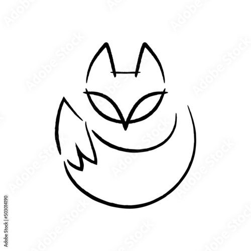Fox logo. Hand drawn sketch style fox head with tail. Black and white outline vector illustration on a white background.