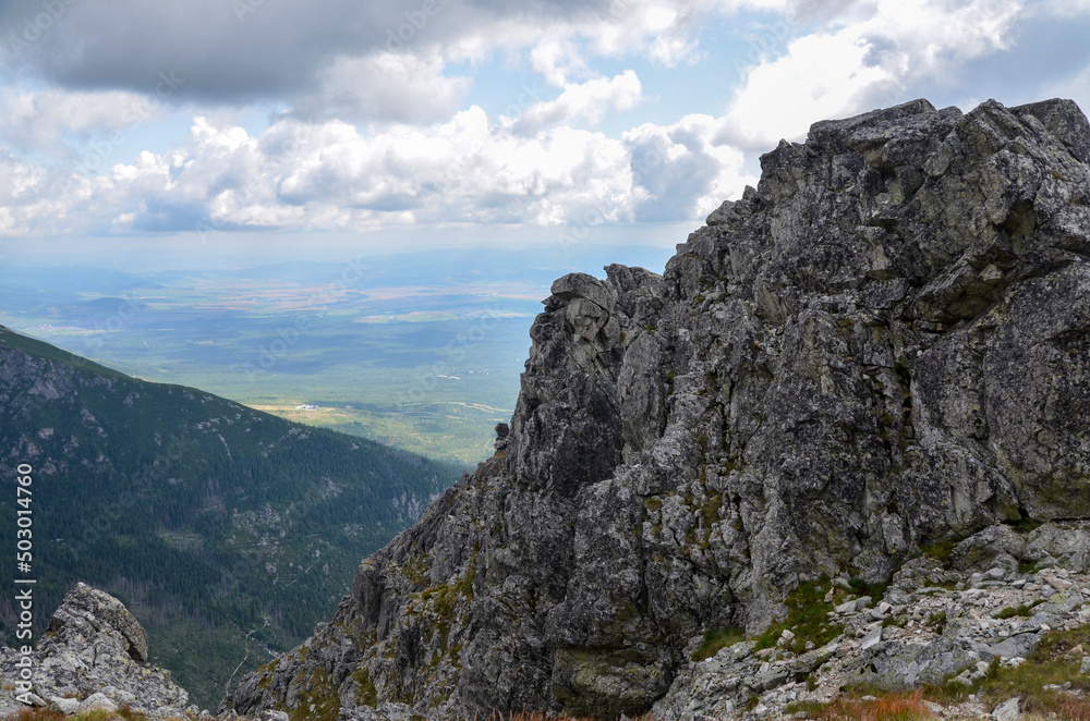 Scenic view of sharp stoned slopes of the rocky mountains in National Park High Tatras, Slovakia 