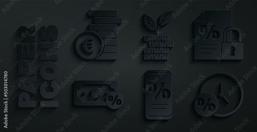 Set Percent discount and mobile, Finance document lock, Money percent, Clock, Dollar plant and Coin money with euro symbol icon. Vector Set Percent discount and mobile, Finance document lock, Money percent, Clock, Dollar plant and Coin money with euro symbol icon. Vector
