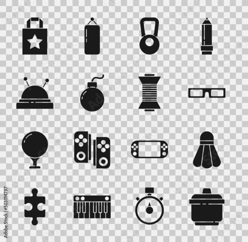 Set Cooking pot, Badminton shuttlecock, Cinema glasses, Kettlebell, Bomb ready explode, Needle bed and needles, Paper shopping bag and Sewing thread spool icon. Vector