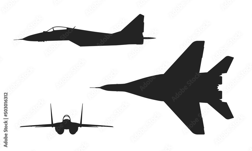 mig 29 fighter jet. side and front view. air force and army symbol. isolated vector image for military concepts - obrazy, fototapety, plakaty 