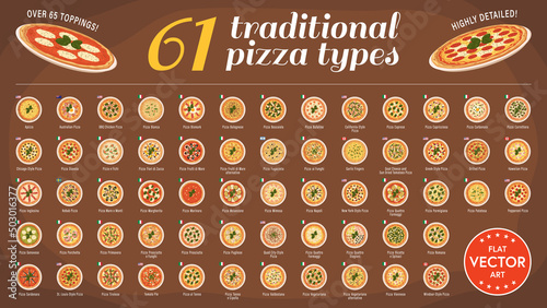 Highly detailed flat vector illustration of a set of 61 traditional pizza types from around the world. Over 65 different toppings. Well organized layers for easier customization.