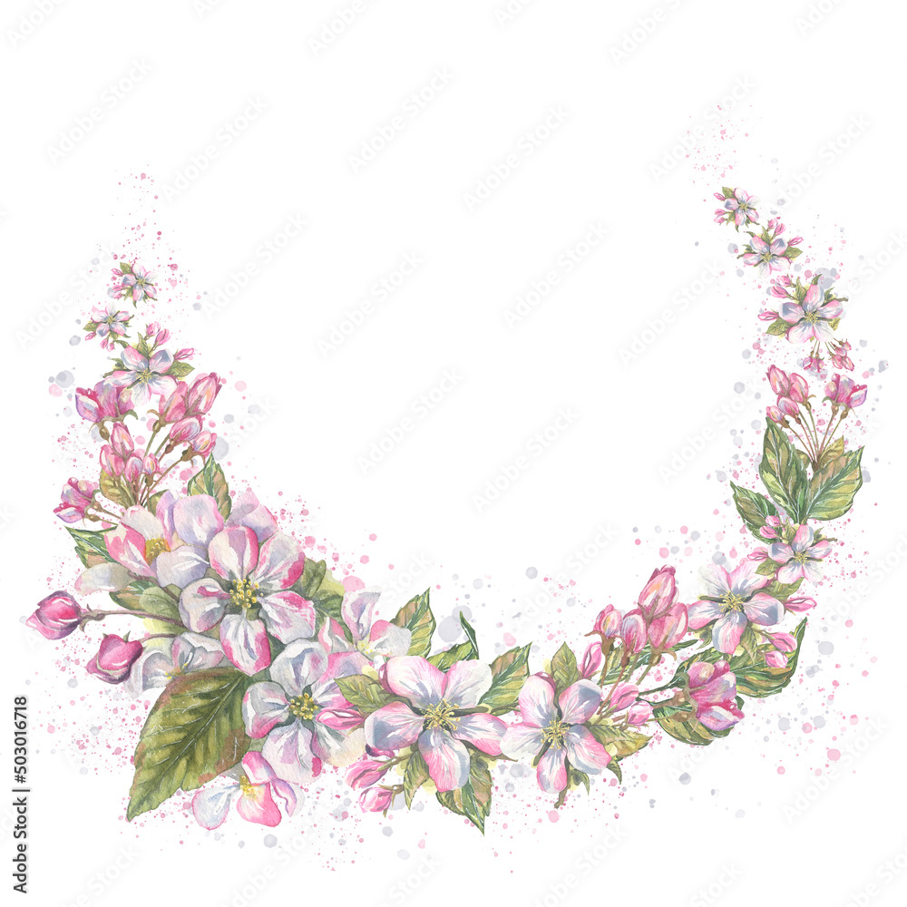 Watercolor illustration of a round wreath of flowers and leaves of an apple tree with splashes of paint. For the design and decoration of posters, postcards, souvenirs, prints, banners, menus.