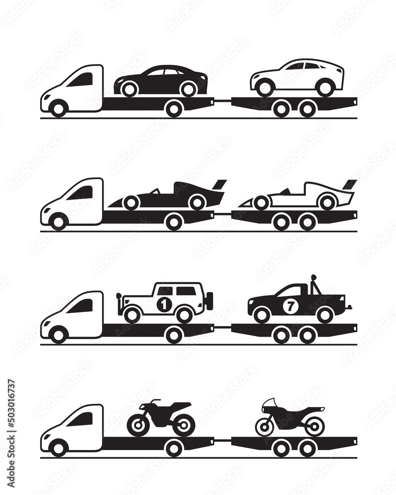 Pickup with trailer brings various vehicles - vector illustration
