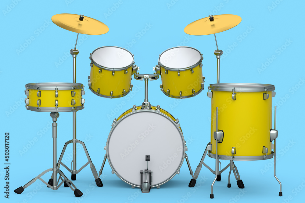 Set of realistic drums with metal cymbals or drumset on blue background Set of realistic drums with metal cymbals or drumset on blue background