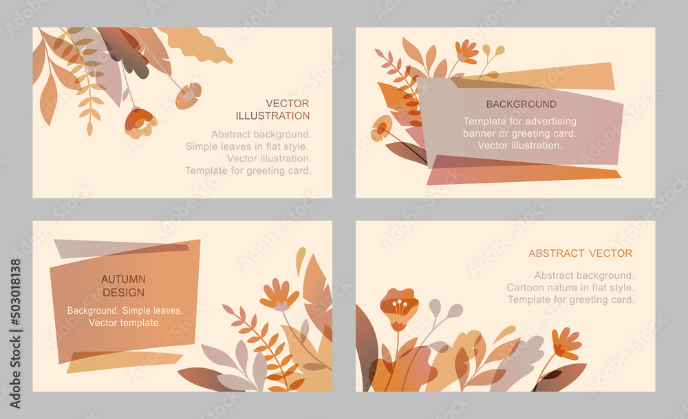 Set of vector abstract floral cards. Horizontal templates for websites, greeting cards and advertising banners. Designs with leaves and flowers in flat cartoon style. Set of vector abstract floral cards. Horizontal templates for websites, greeting cards and advertising banners. Designs with leaves and flowers in flat cartoon style.