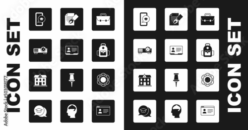 Set Briefcase, Online class, Movie, film, media projector, Graduation cap on mobile, School backpack, Exam sheet and pencil, Atom and building icon. Vector