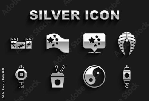 Set Noodles in box and chopsticks, Fish steak, Chinese paper lantern, Yin Yang, China flag, Great wall of and icon. Vector