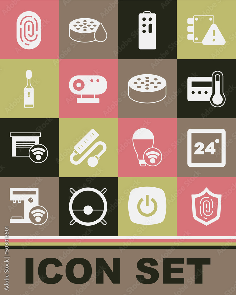 Set Fingerprint, Thermostat, Remote control, Web camera, Electric toothbrush, and Water sensor icon. Vector Set Fingerprint, Thermostat, Remote control, Web camera, Electric toothbrush, and Water sensor icon. Vector