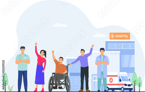Happy and recovered patient sitting on wheelchair and group of friends including doctors standing while leaving the hospital. Vector illustration.