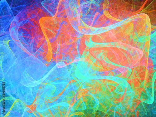 Imagen de arte conceptual digital compuesta de trazos difuminados translúcidos en colores suaves que parecen seres voladores dejando una estela luminiscente.