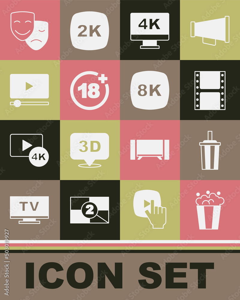 Set Popcorn in cardboard box, Paper glass with water, Play video, Screen tv 4k, Plus 18 movie, Online play, Comedy and tragedy masks and 8k Ultra HD icon. Vector Set Popcorn in cardboard box, Paper glass with water, Play video, Screen tv 4k, Plus 18 movie, Online play, Comedy and tragedy masks and 8k Ultra HD icon. Vector